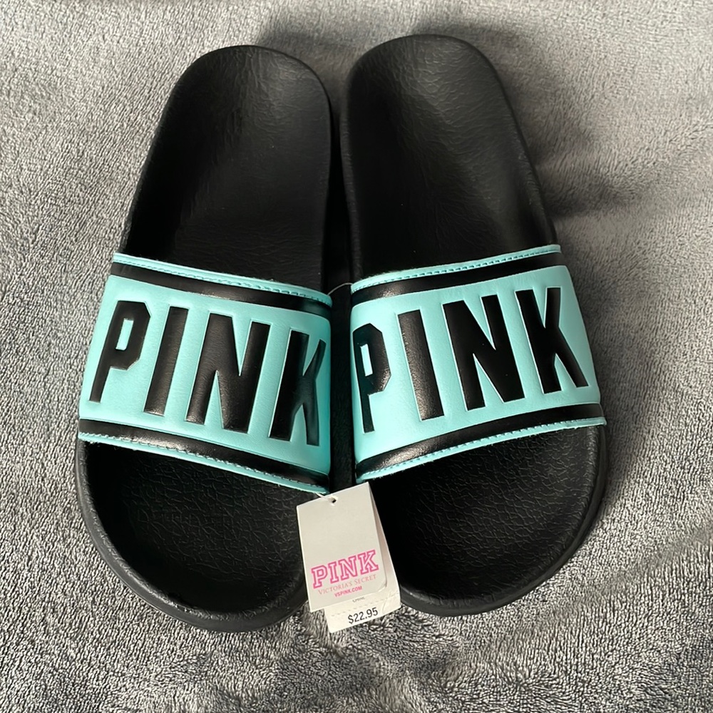 Victoria Secret Pink Slides black and mint. NWT. Size Medium fits like a 7